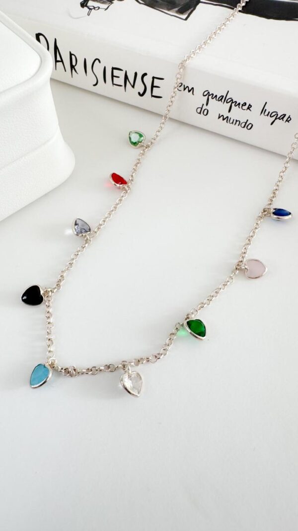 Choker de Prata com corações pendurados coloridos em Zircônia 